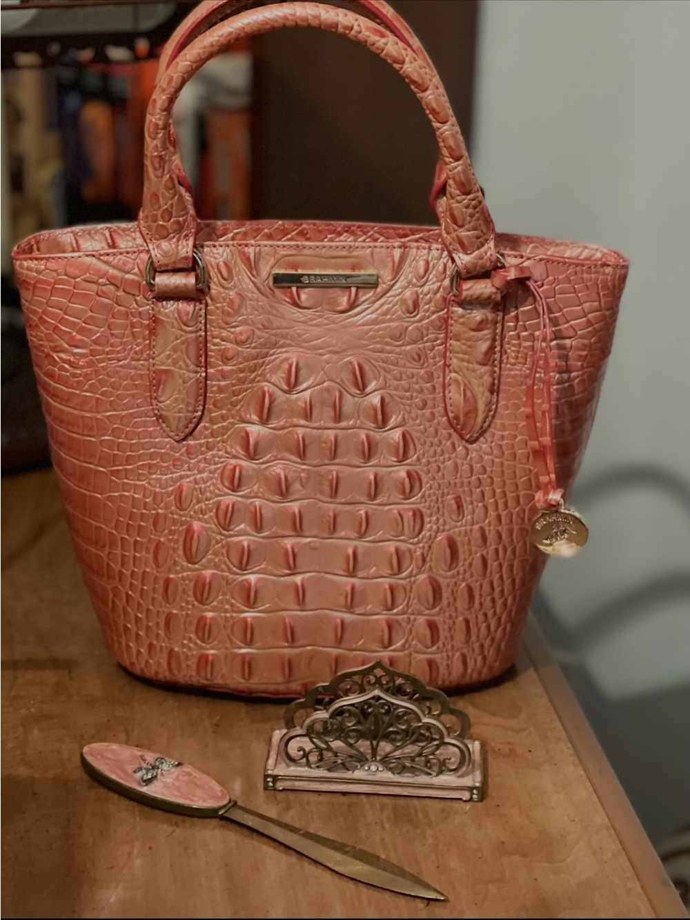 Brahmin Croc-Embossed Tote in Coral